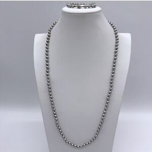 Vintage Monet Gray Pearl Necklace & Bracelet Set Knotted Signed Silver Tone